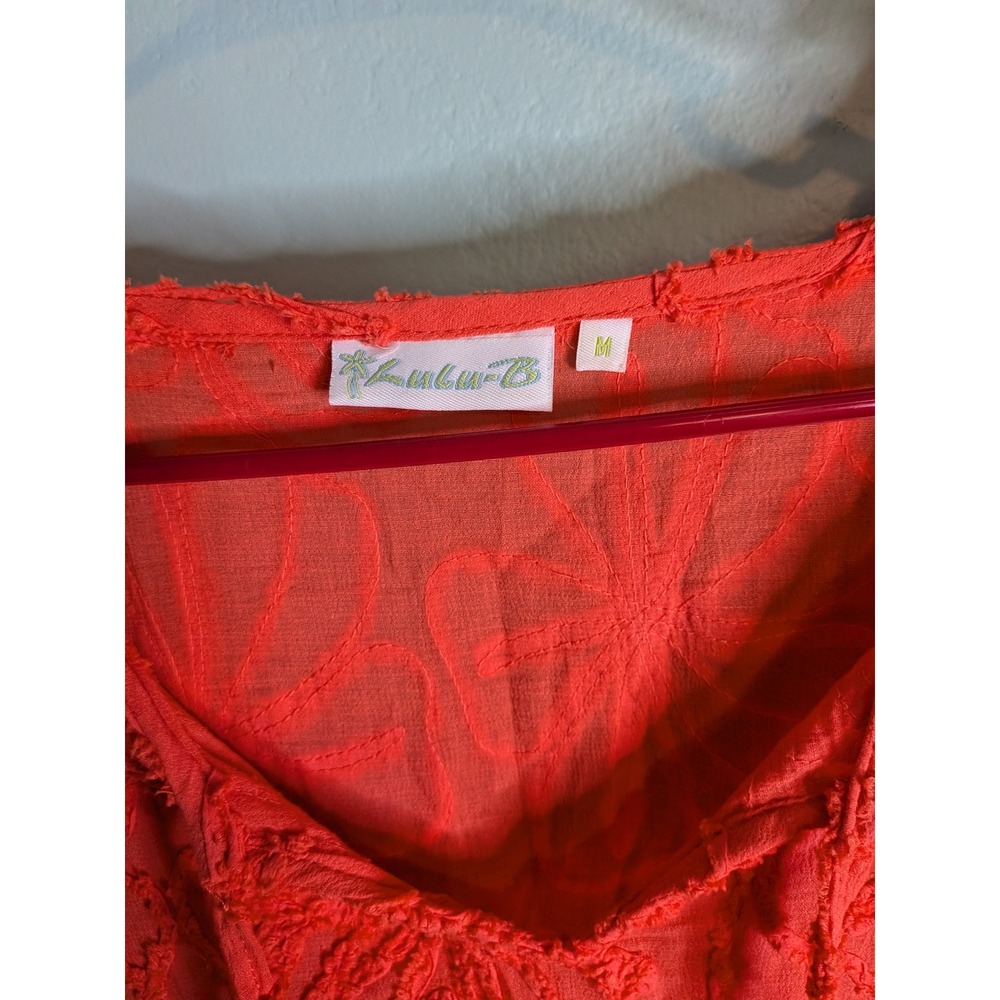 Lulu-B Coral Orange Floral Embroidered Cotton Tunic Top Boho V-Neck Medium - Picture 3 of 5